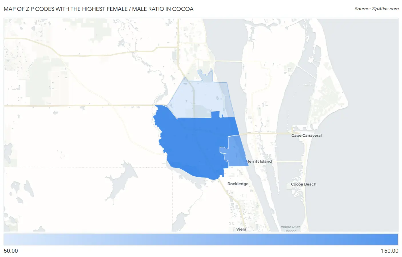 Zip Codes with the Highest Female / Male Ratio in Cocoa Map
