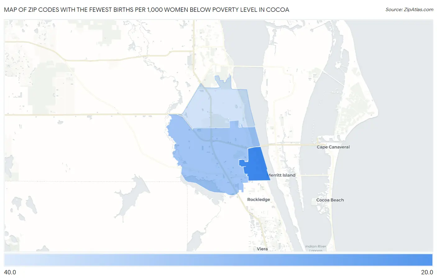 Zip Codes with the Fewest Births per 1,000 Women Below Poverty Level in Cocoa Map