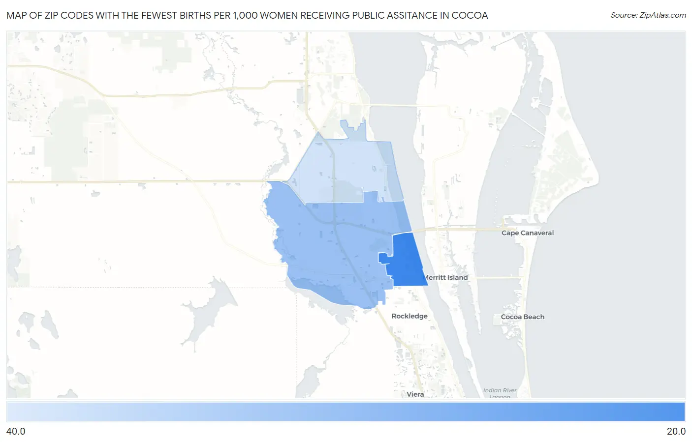 Zip Codes with the Fewest Births per 1,000 Women Receiving Public Assitance in Cocoa Map