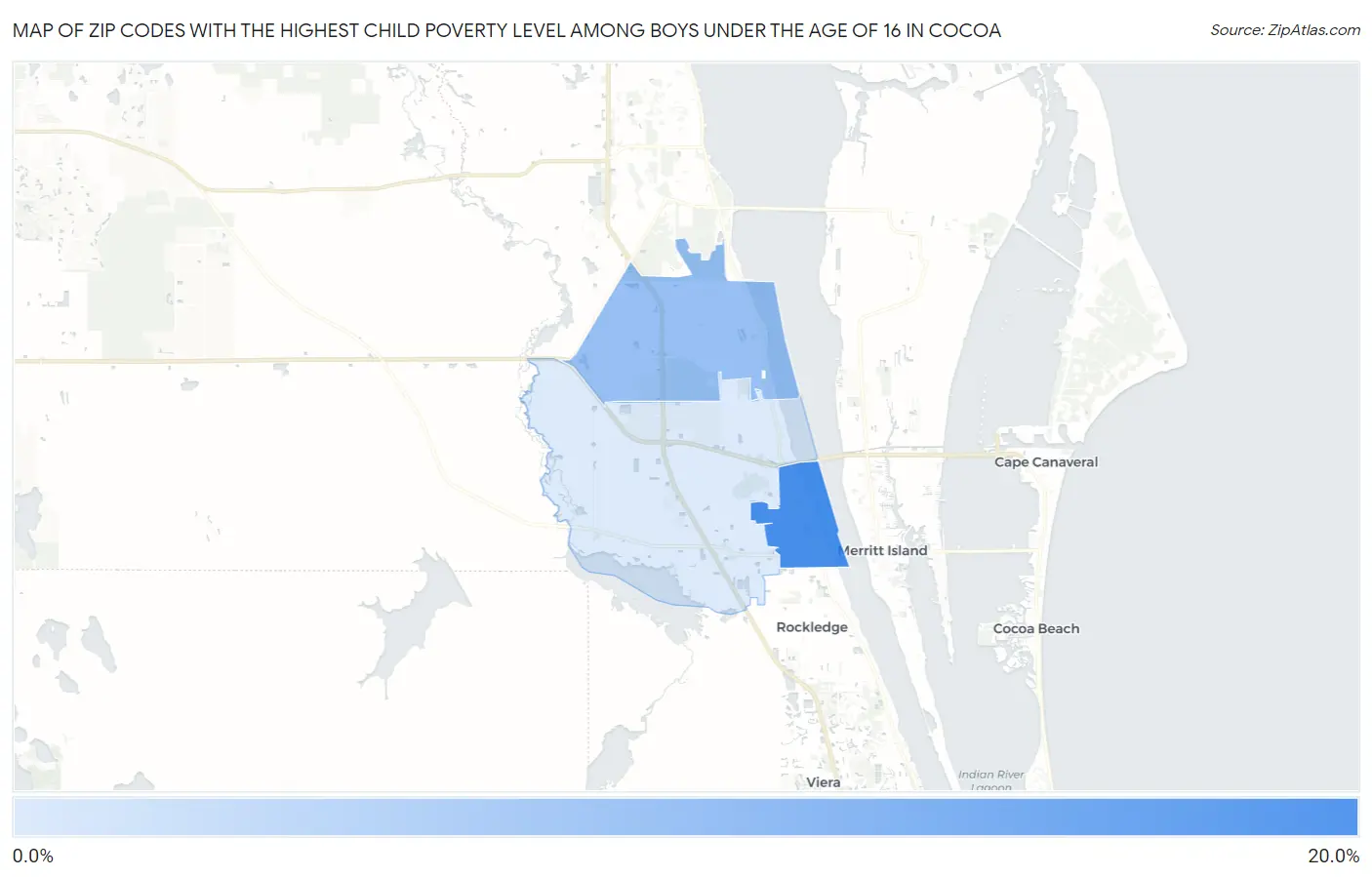 Zip Codes with the Highest Child Poverty Level Among Boys Under the Age of 16 in Cocoa Map