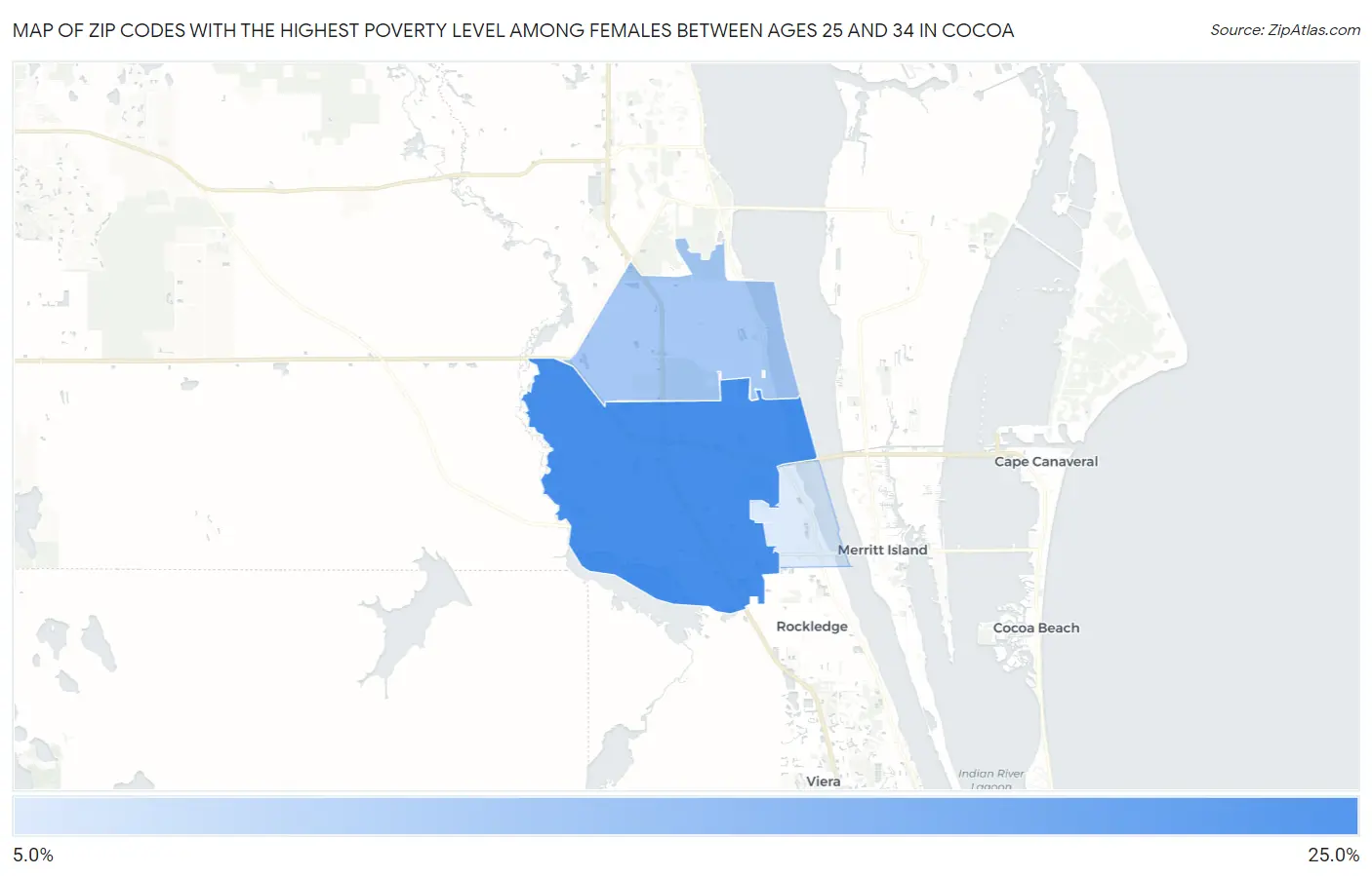 Zip Codes with the Highest Poverty Level Among Females Between Ages 25 and 34 in Cocoa Map