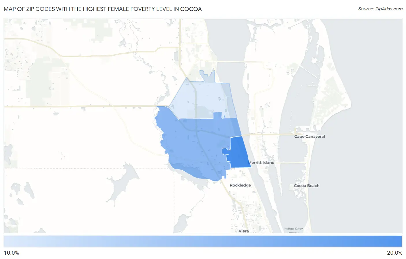Zip Codes with the Highest Female Poverty Level in Cocoa Map
