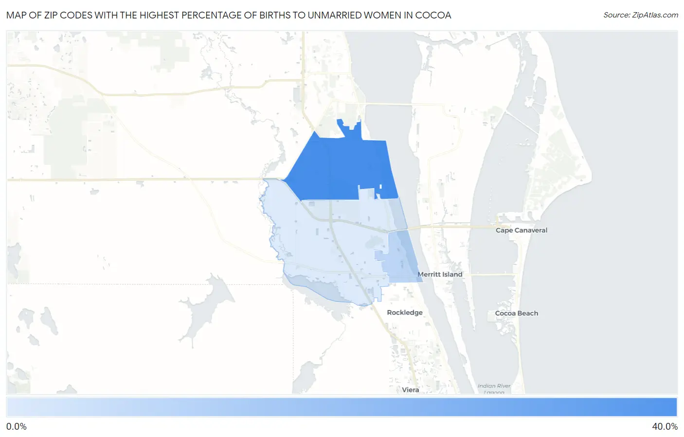 Zip Codes with the Highest Percentage of Births to Unmarried Women in Cocoa Map