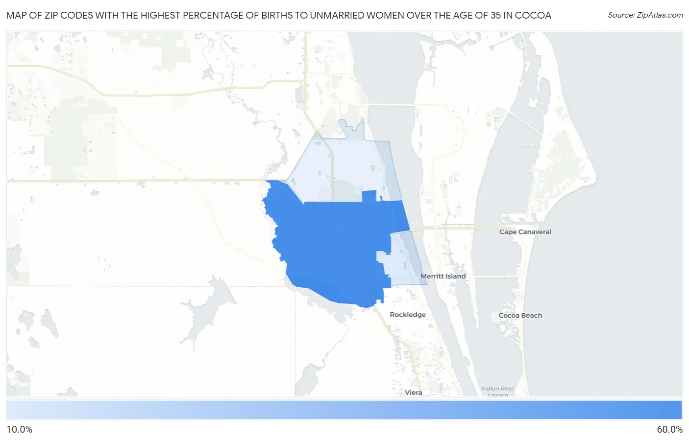 Zip Codes with the Highest Percentage of Births to Unmarried Women over the Age of 35 in Cocoa Map