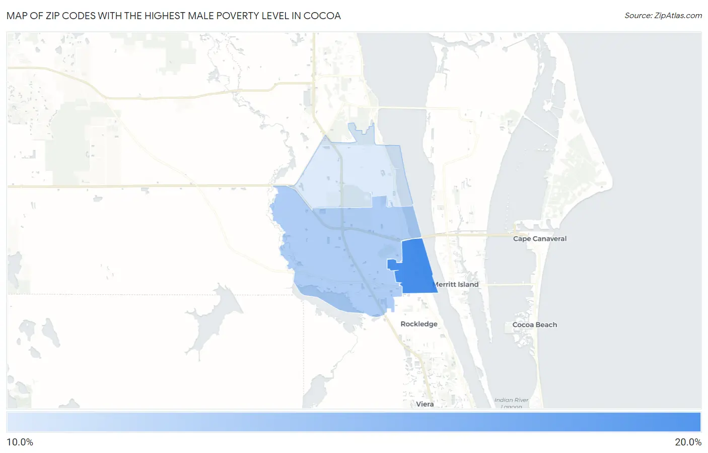 Zip Codes with the Highest Male Poverty Level in Cocoa Map