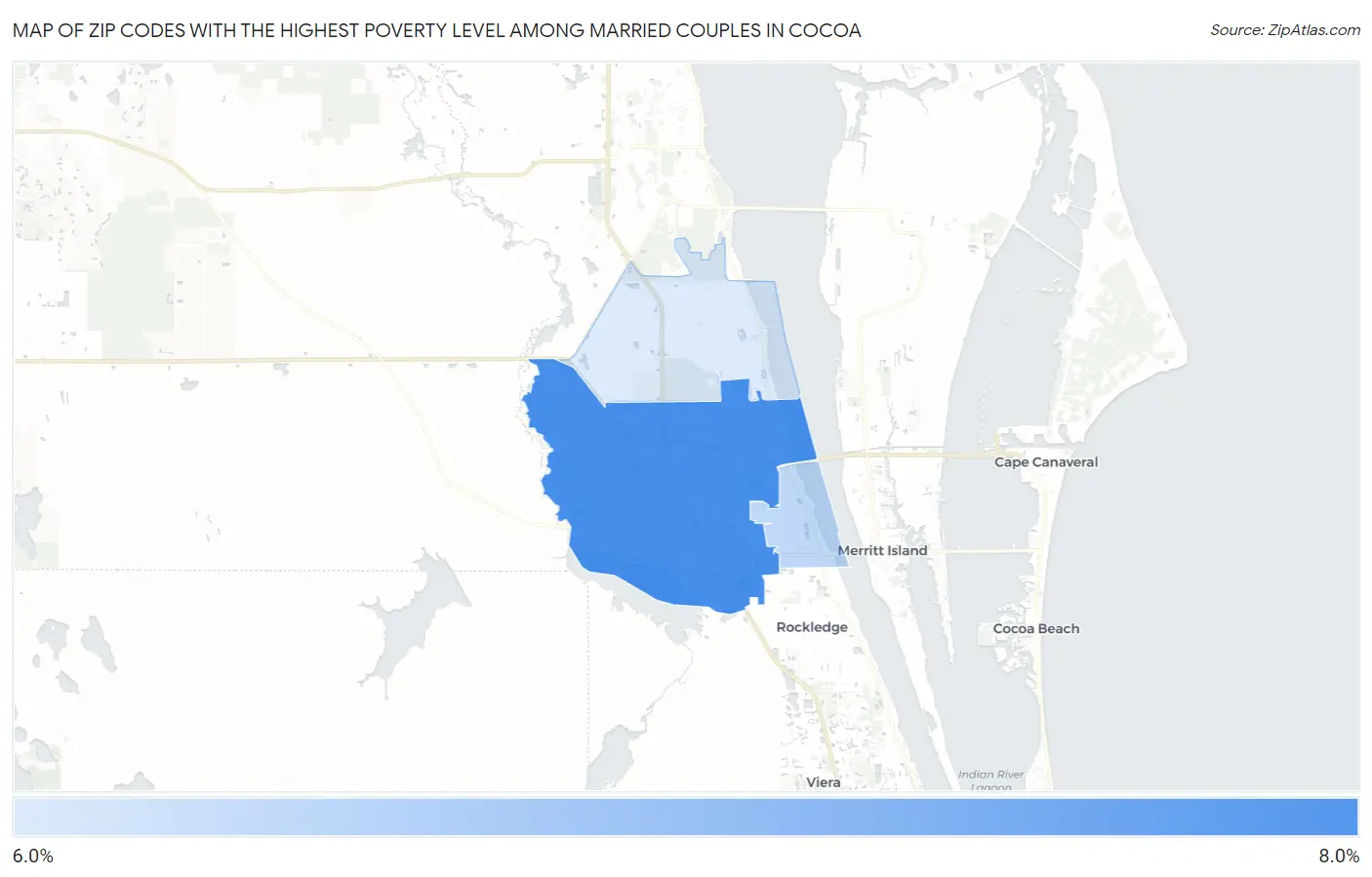 Zip Codes with the Highest Poverty Level Among Married Couples in Cocoa Map