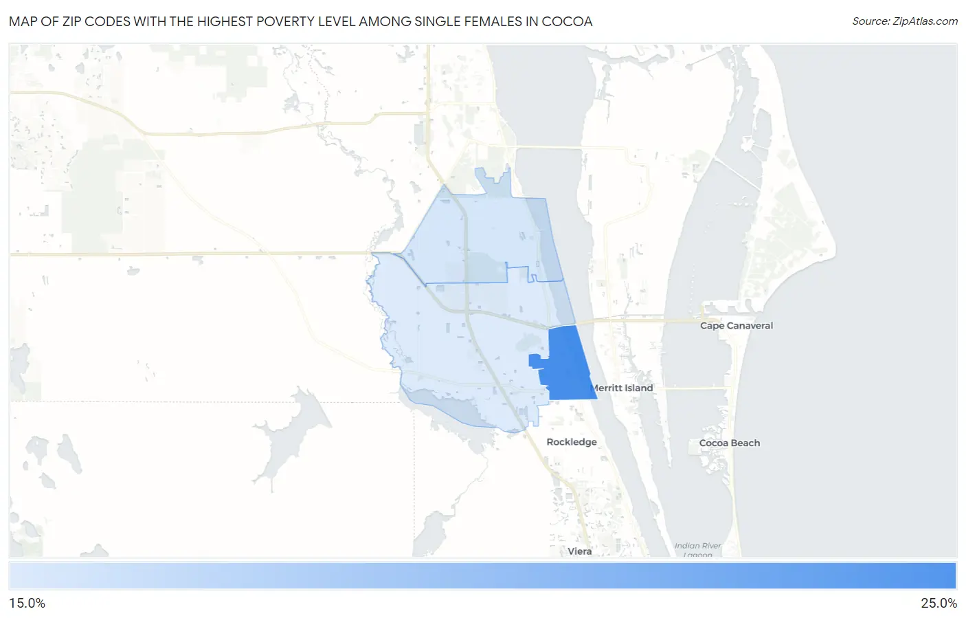 Zip Codes with the Highest Poverty Level Among Single Females in Cocoa Map