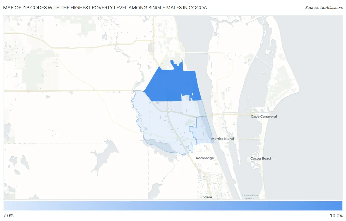 Zip Codes with the Highest Poverty Level Among Single Males in Cocoa Map