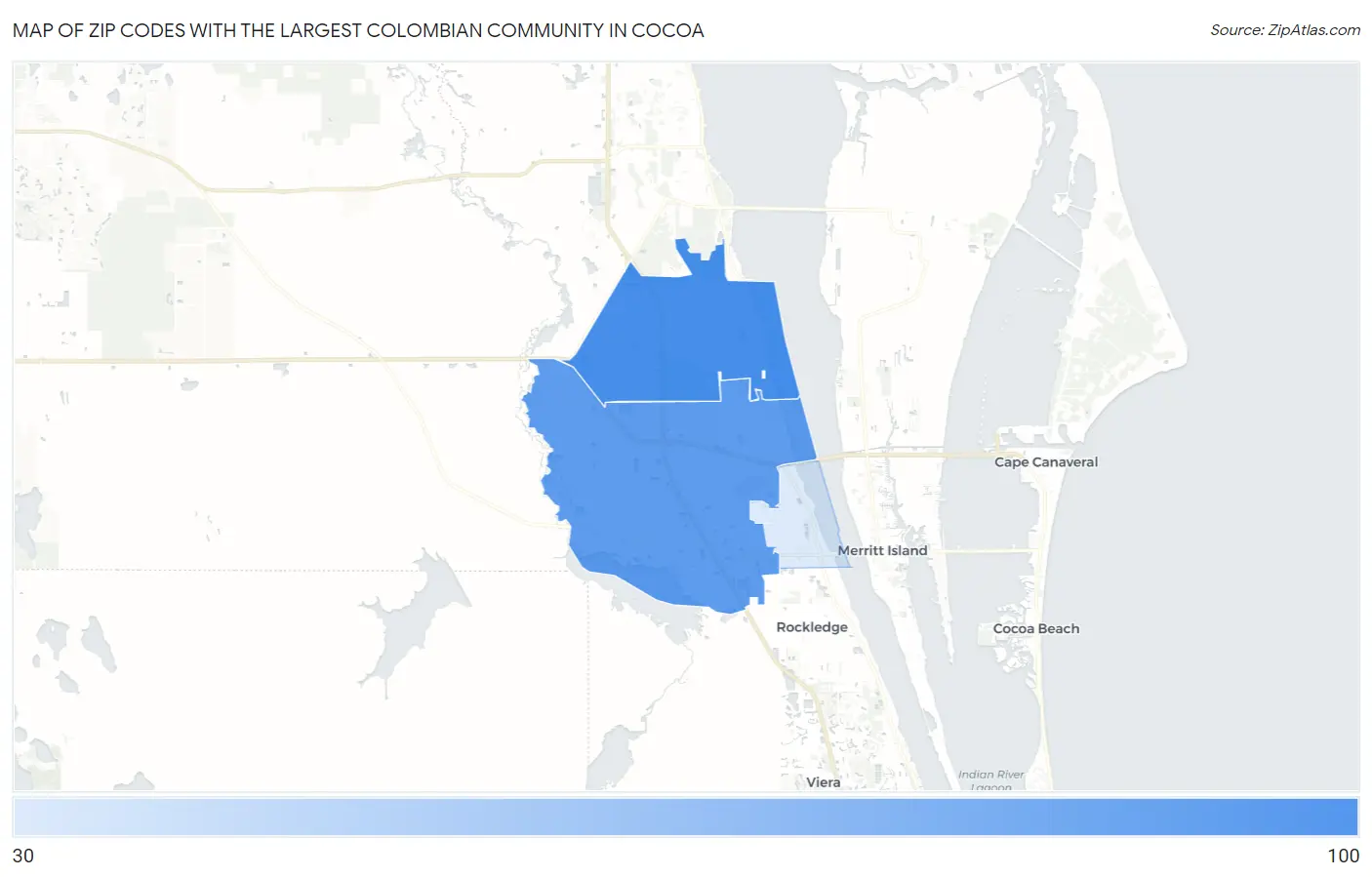 Zip Codes with the Largest Colombian Community in Cocoa Map