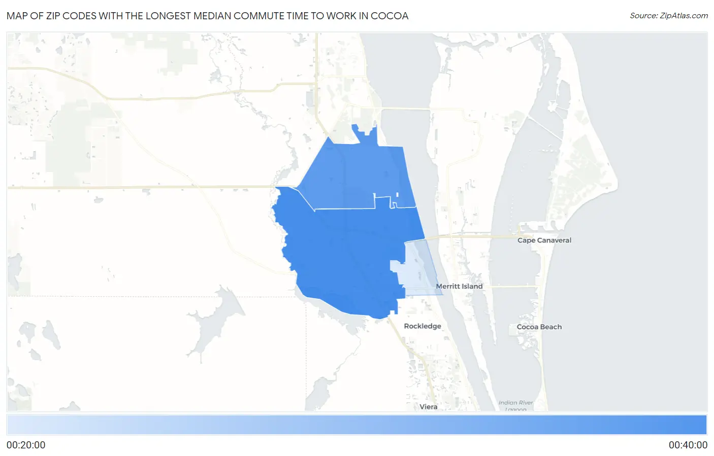 Zip Codes with the Longest Median Commute Time to Work in Cocoa Map