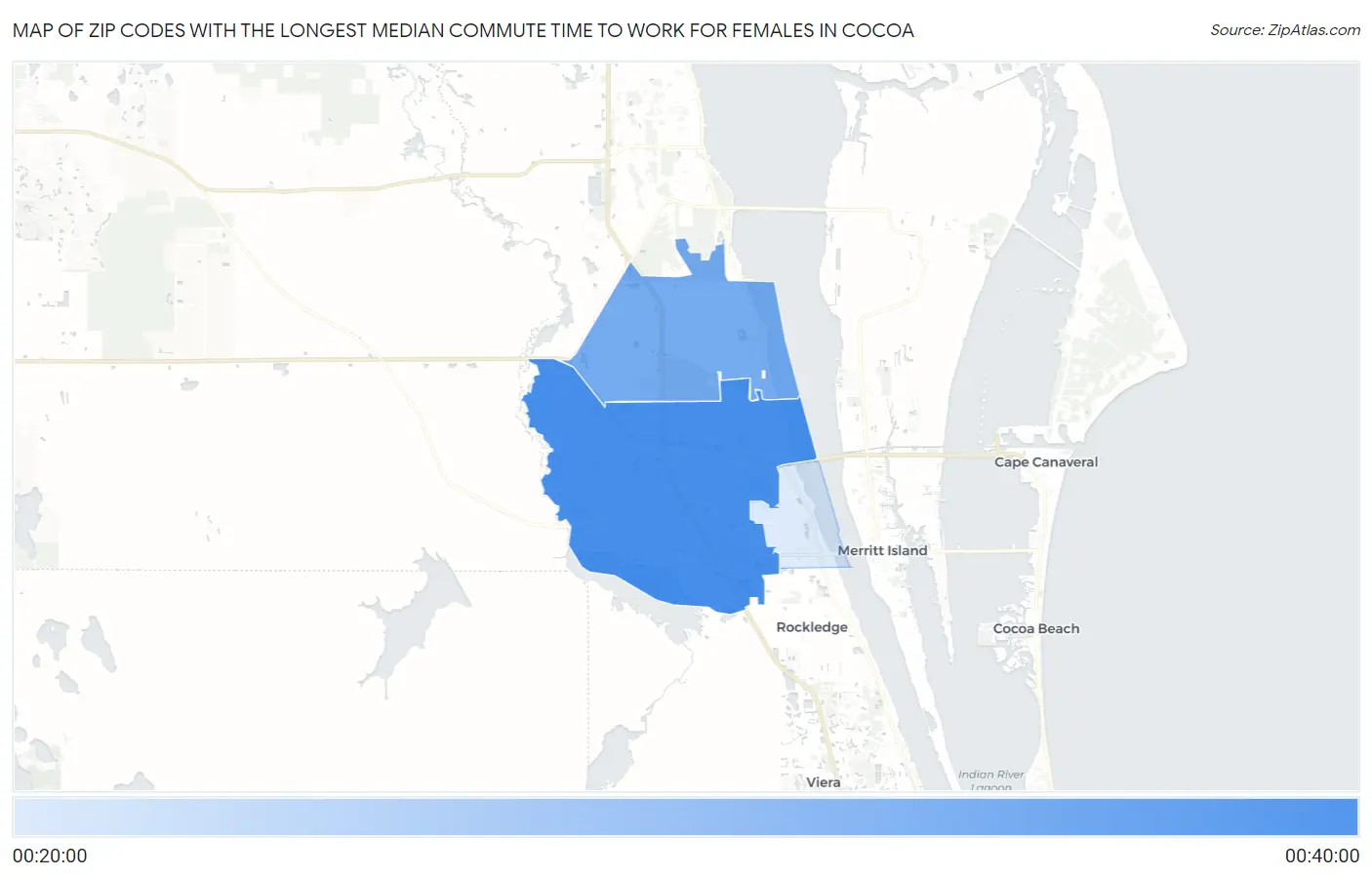 Zip Codes with the Longest Median Commute Time to Work for Females in Cocoa Map