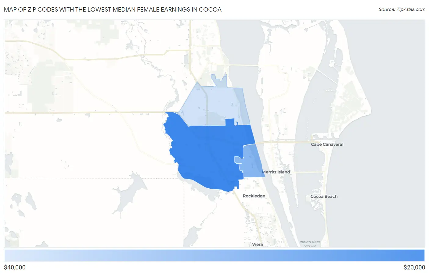 Zip Codes with the Lowest Median Female Earnings in Cocoa Map