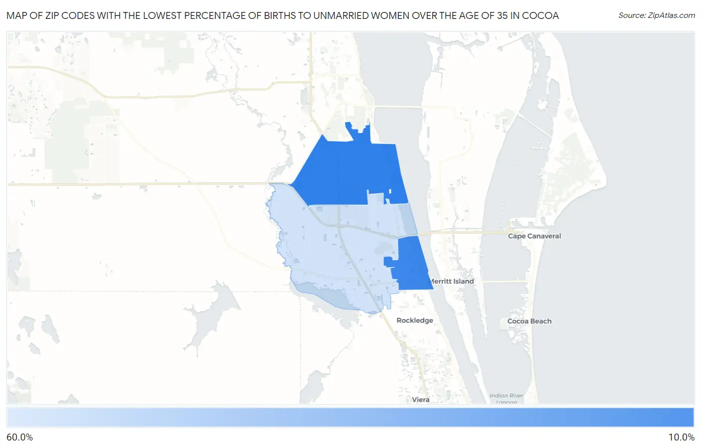 Zip Codes with the Lowest Percentage of Births to Unmarried Women over the Age of 35 in Cocoa Map