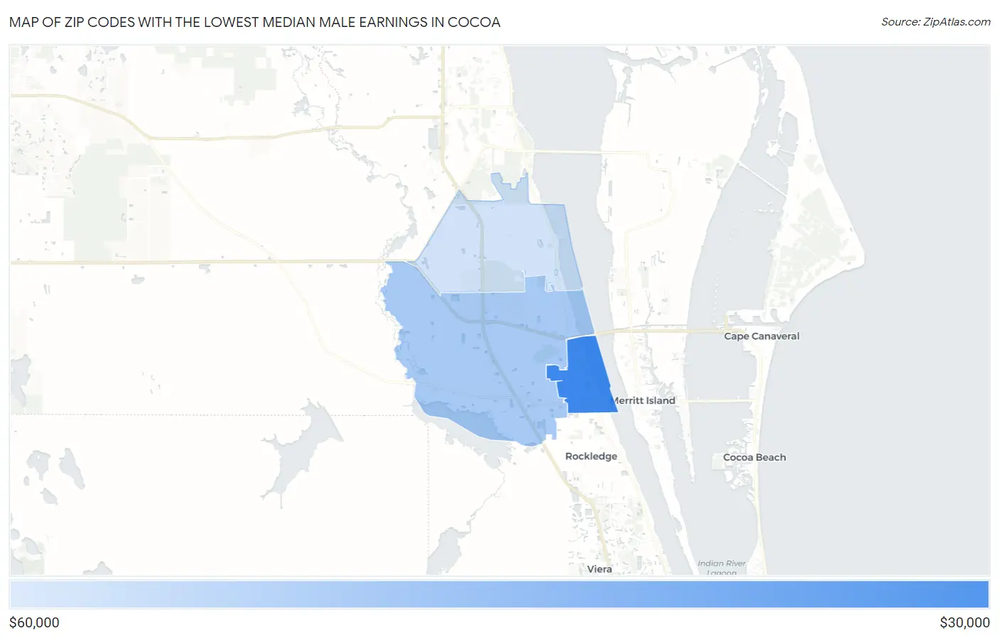 Zip Codes with the Lowest Median Male Earnings in Cocoa Map