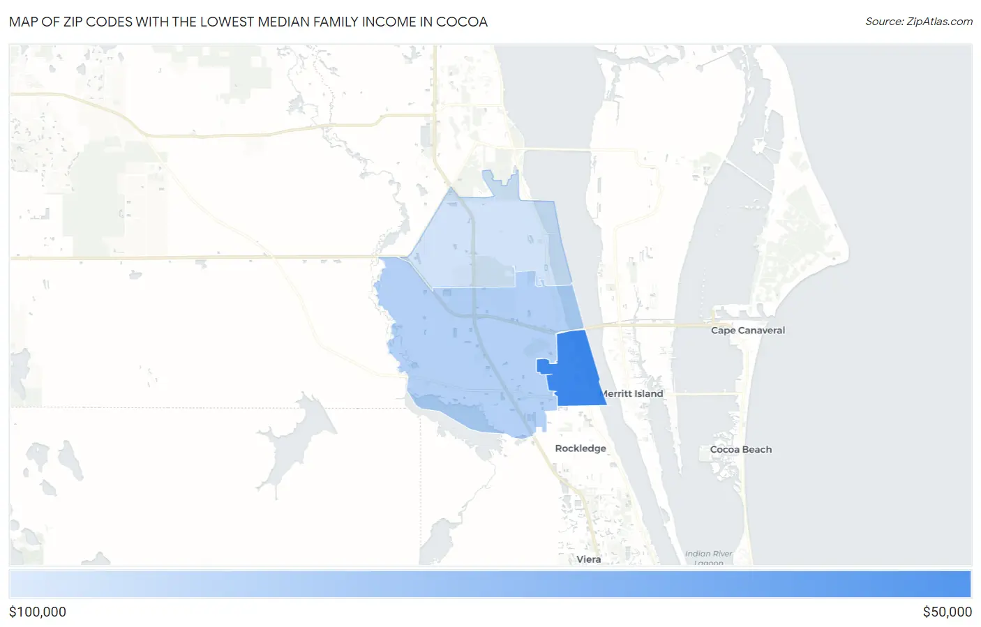 Zip Codes with the Lowest Median Family Income in Cocoa Map