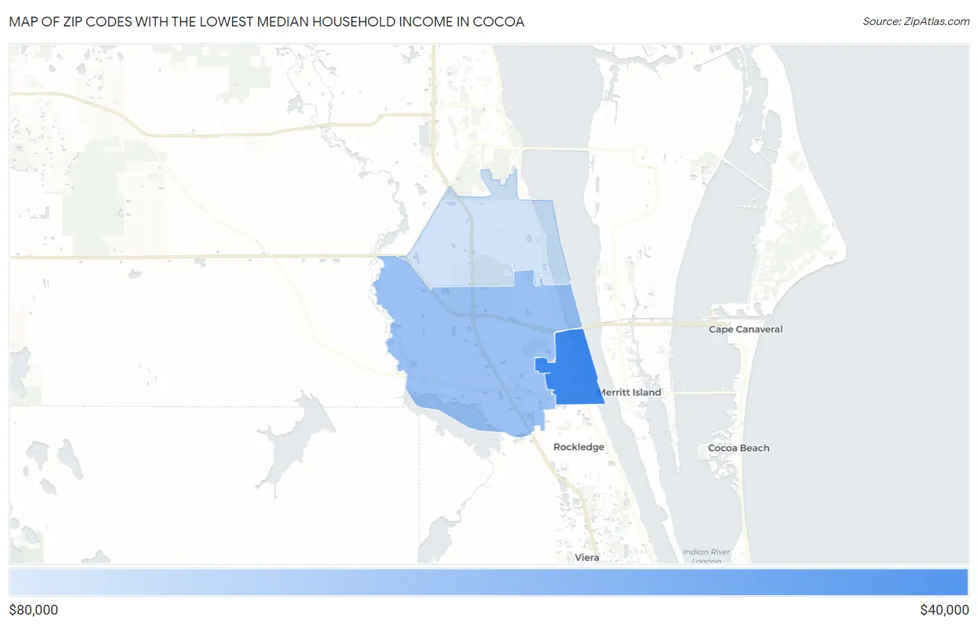 Zip Codes with the Lowest Median Household Income in Cocoa Map