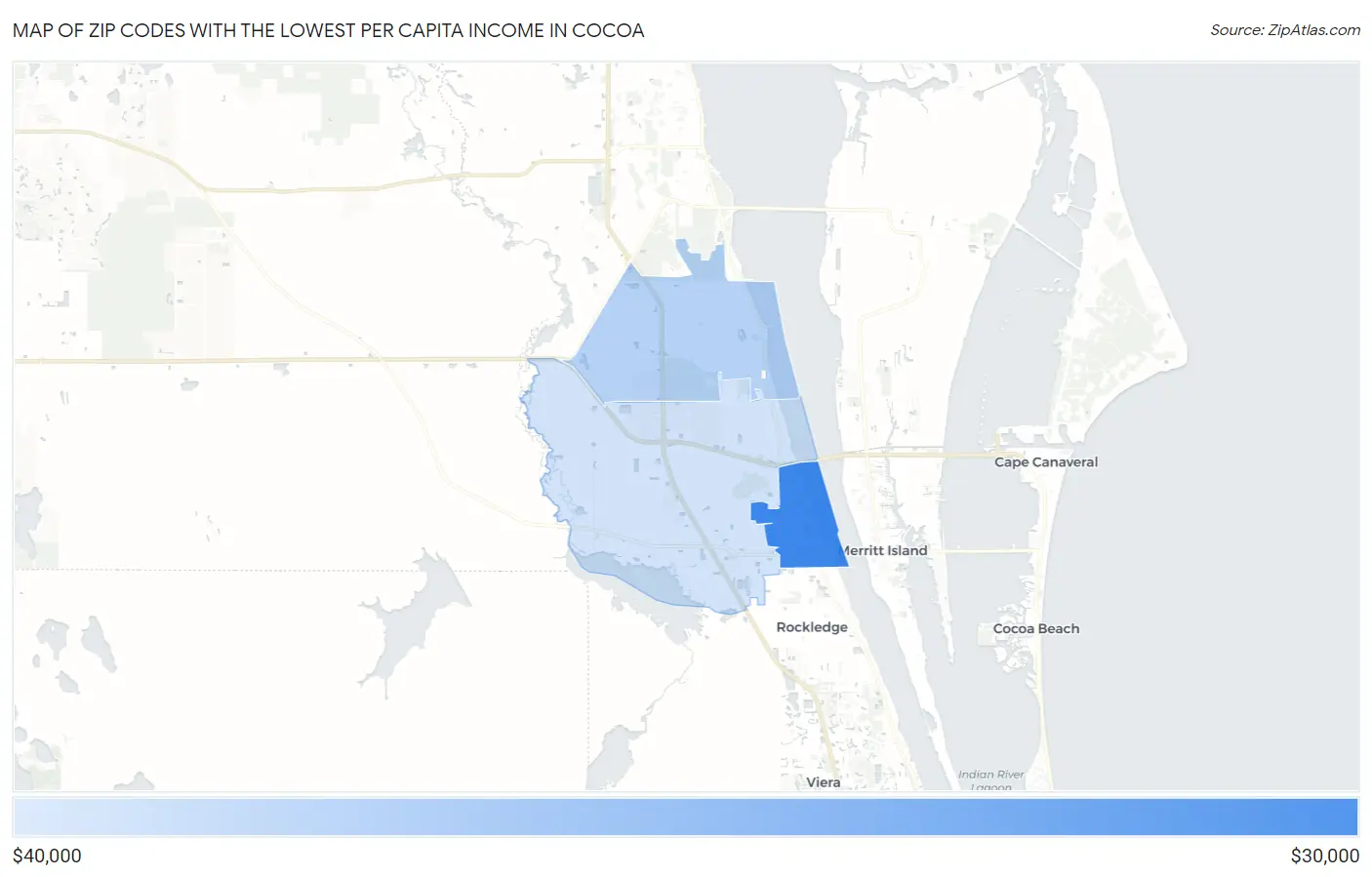Zip Codes with the Lowest Per Capita Income in Cocoa Map