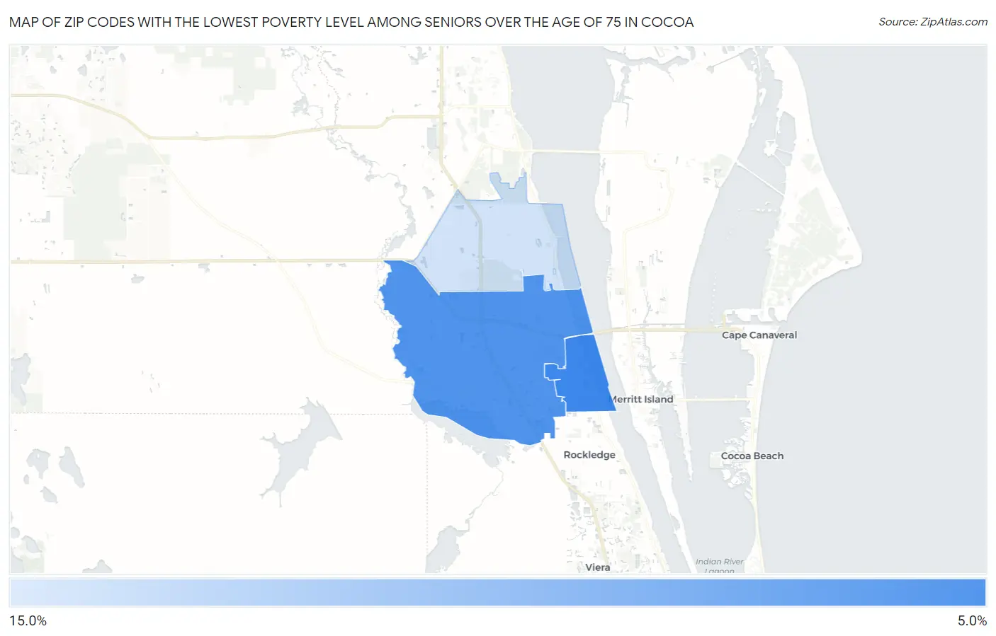 Zip Codes with the Lowest Poverty Level Among Seniors Over the Age of 75 in Cocoa Map
