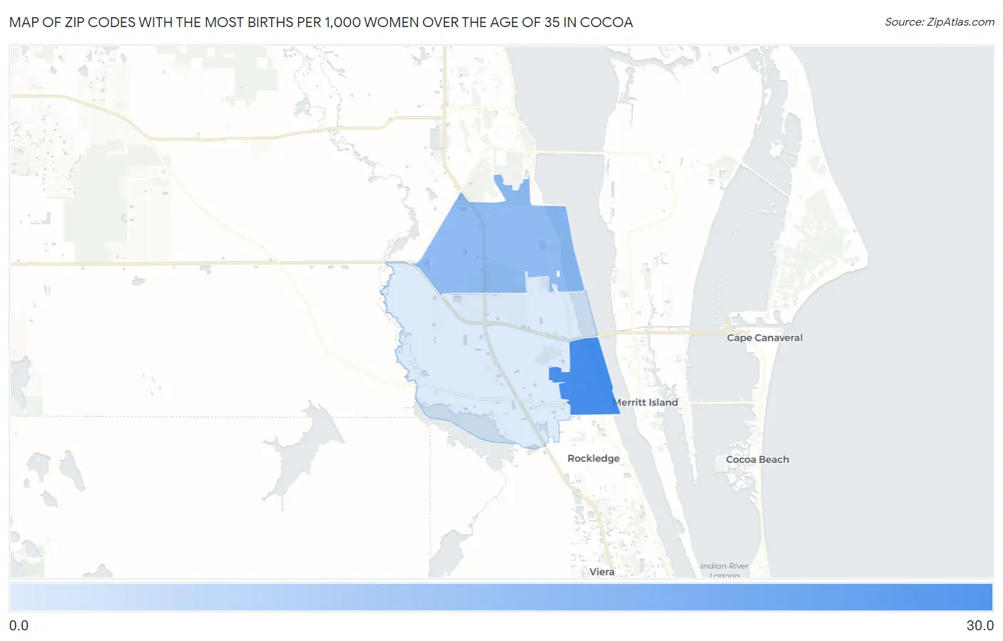 Zip Codes with the Most Births per 1,000 Women Over the Age of 35 in Cocoa Map