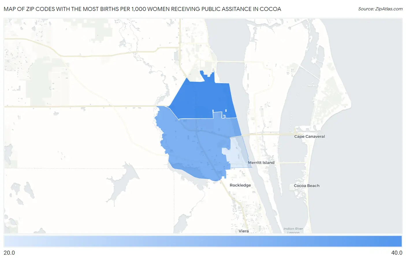 Zip Codes with the Most Births per 1,000 Women Receiving Public Assitance in Cocoa Map