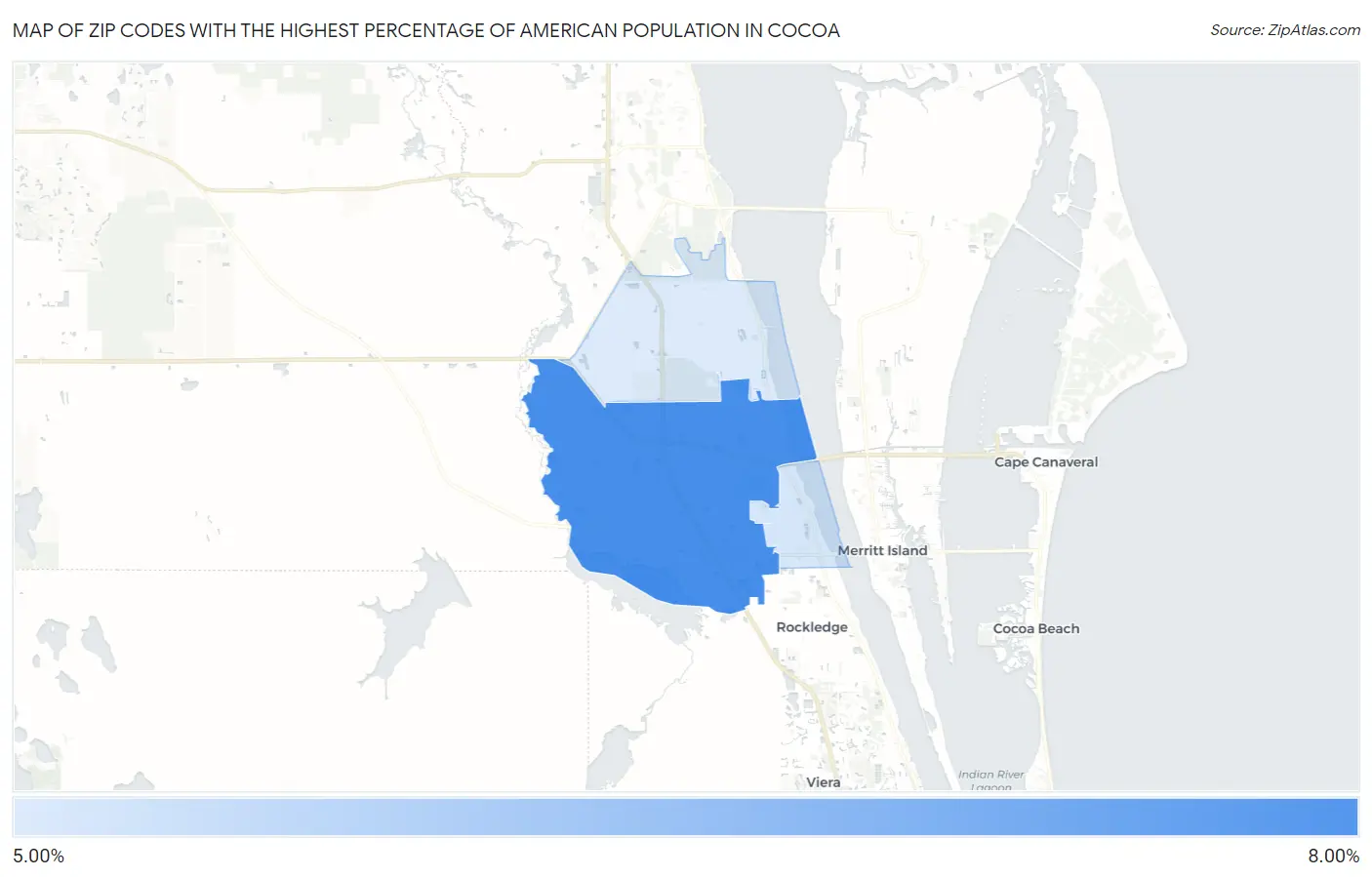 Zip Codes with the Highest Percentage of American Population in Cocoa Map