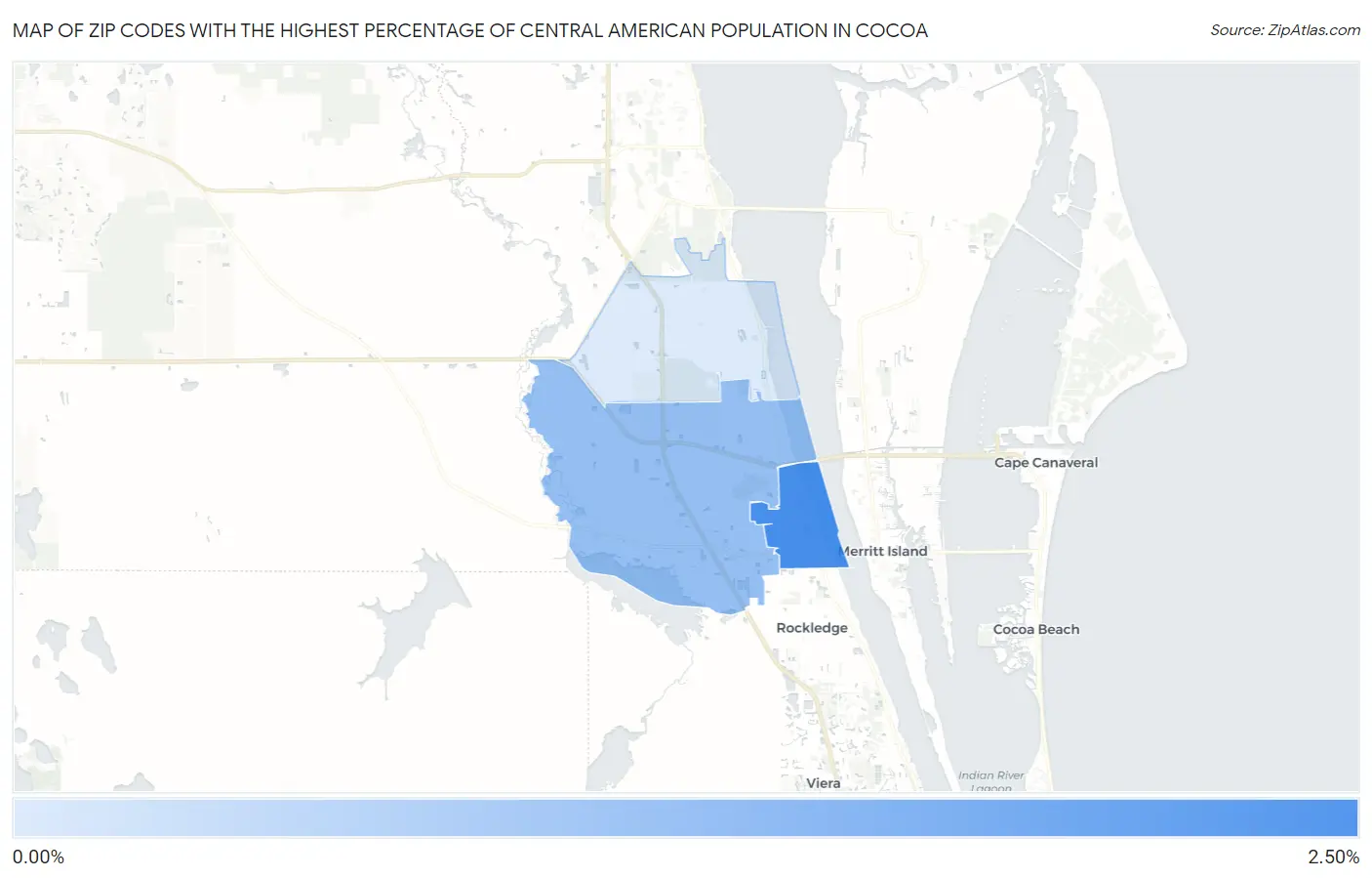 Zip Codes with the Highest Percentage of Central American Population in Cocoa Map