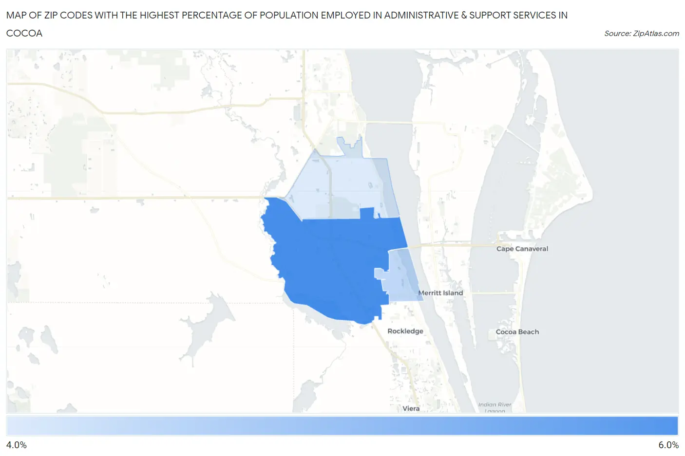 Zip Codes with the Highest Percentage of Population Employed in Administrative & Support Services in Cocoa Map
