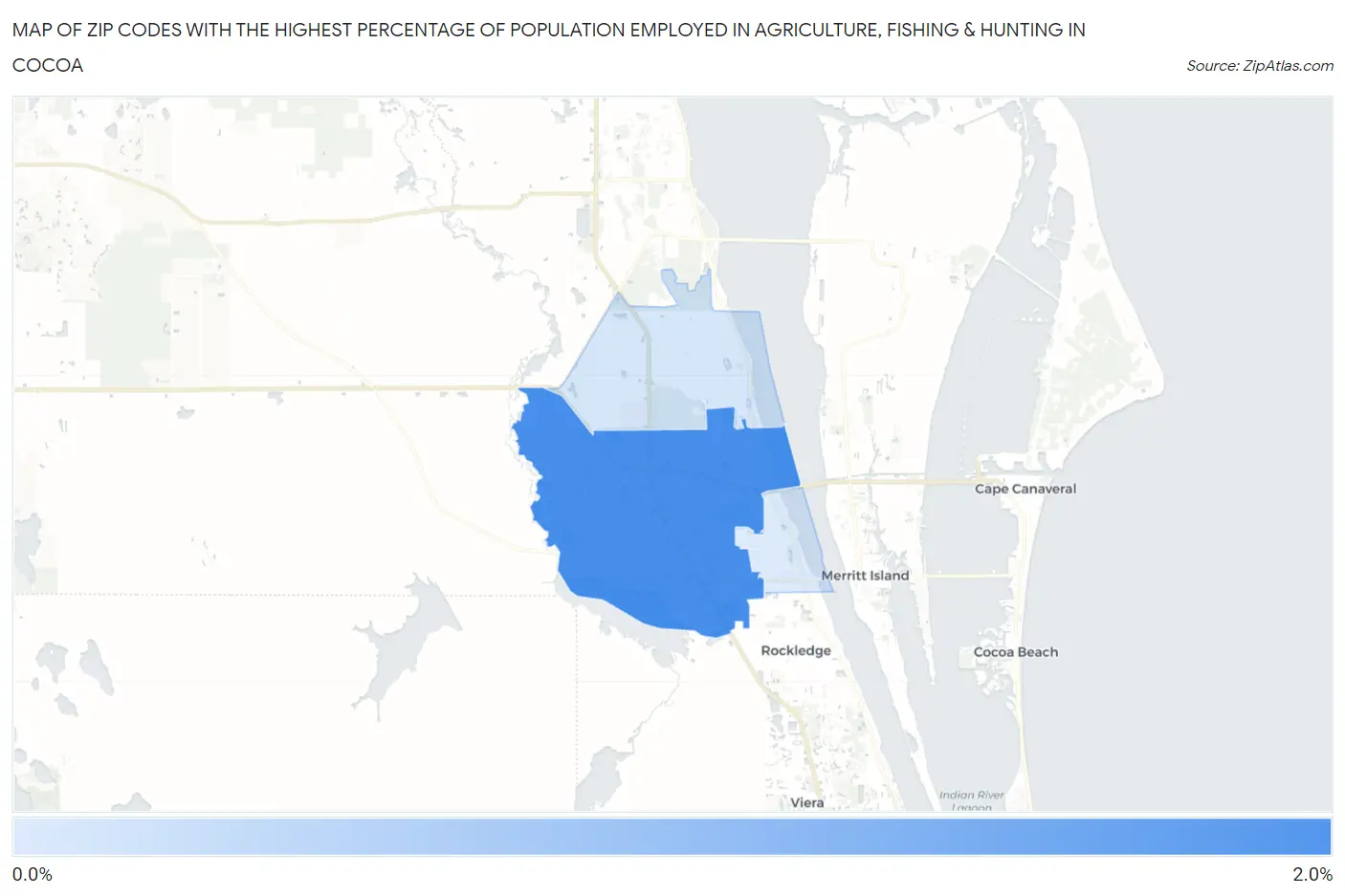 Zip Codes with the Highest Percentage of Population Employed in Agriculture, Fishing & Hunting in Cocoa Map