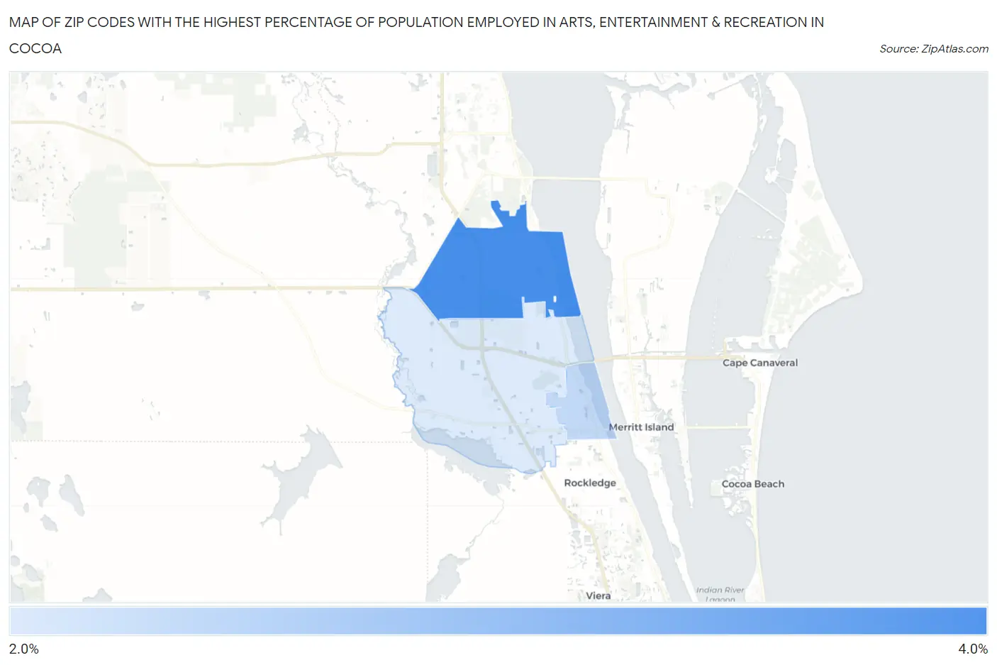 Zip Codes with the Highest Percentage of Population Employed in Arts, Entertainment & Recreation in Cocoa Map