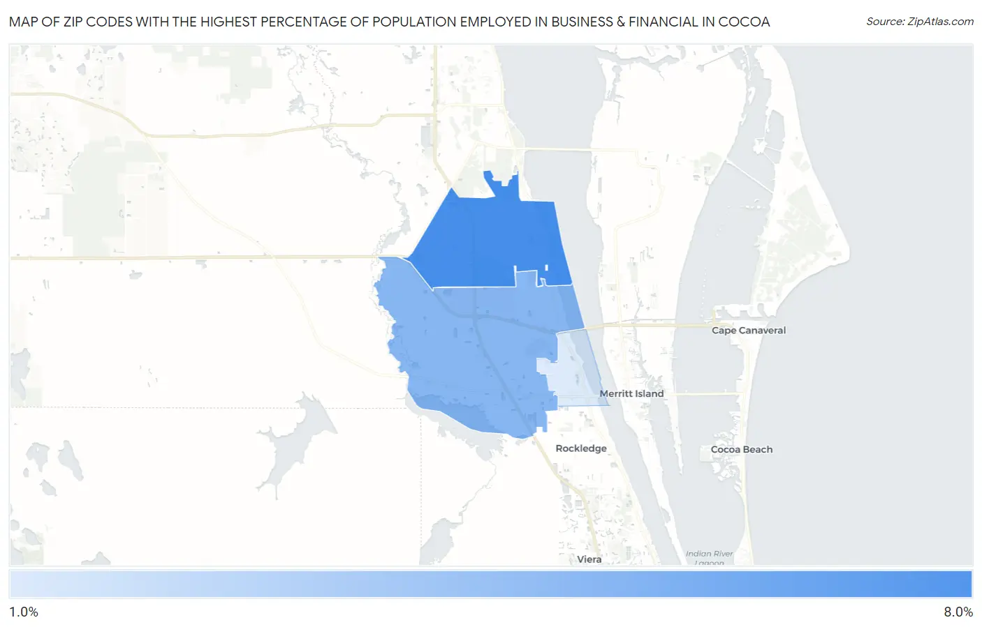 Zip Codes with the Highest Percentage of Population Employed in Business & Financial in Cocoa Map
