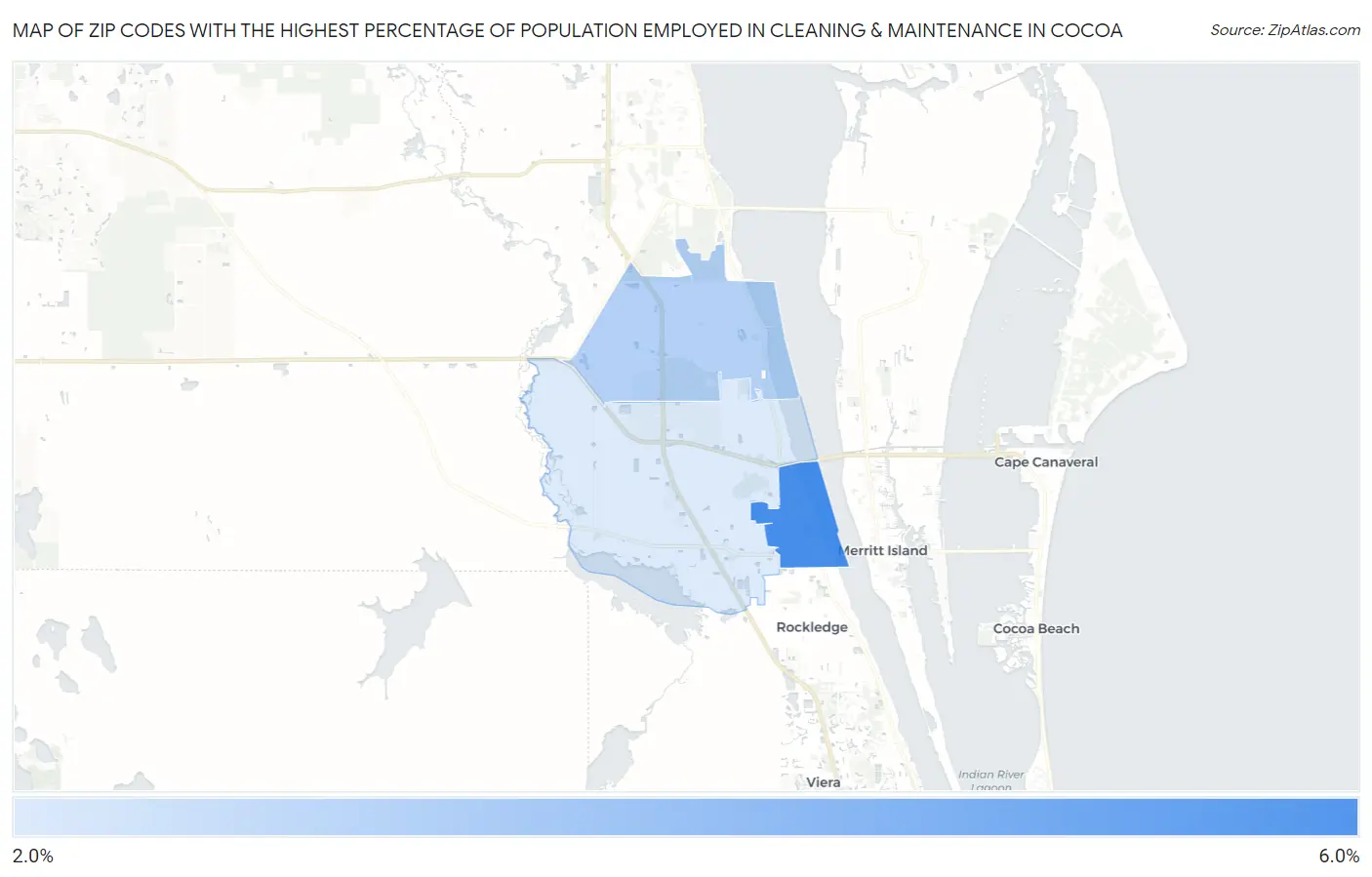 Zip Codes with the Highest Percentage of Population Employed in Cleaning & Maintenance in Cocoa Map