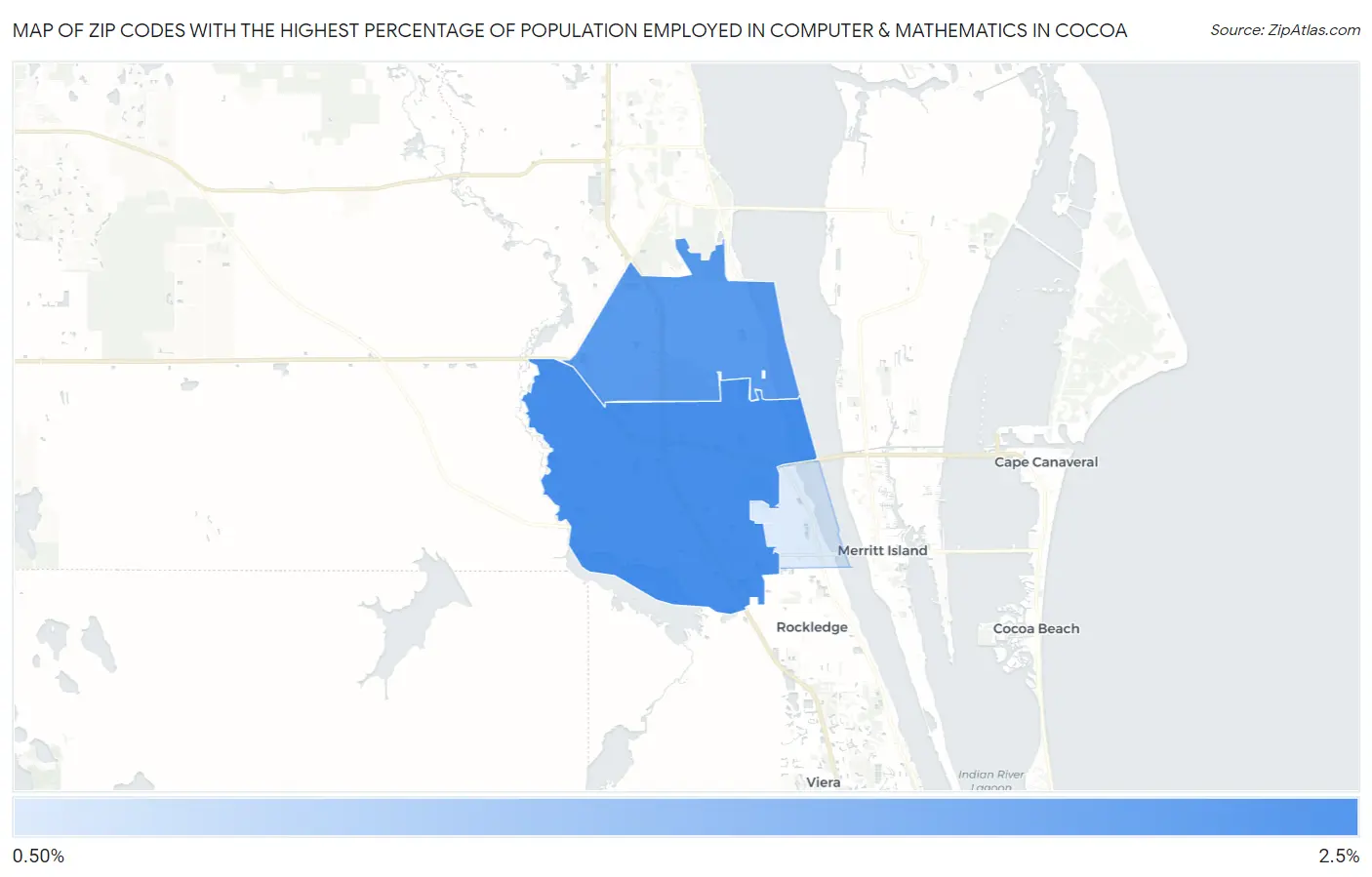 Zip Codes with the Highest Percentage of Population Employed in Computer & Mathematics in Cocoa Map