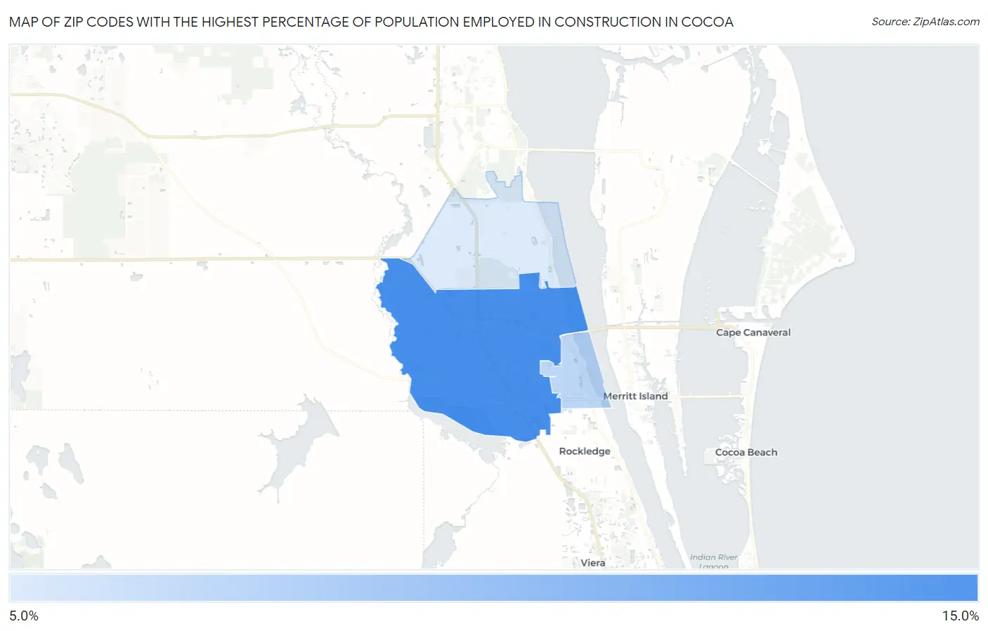 Zip Codes with the Highest Percentage of Population Employed in Construction in Cocoa Map