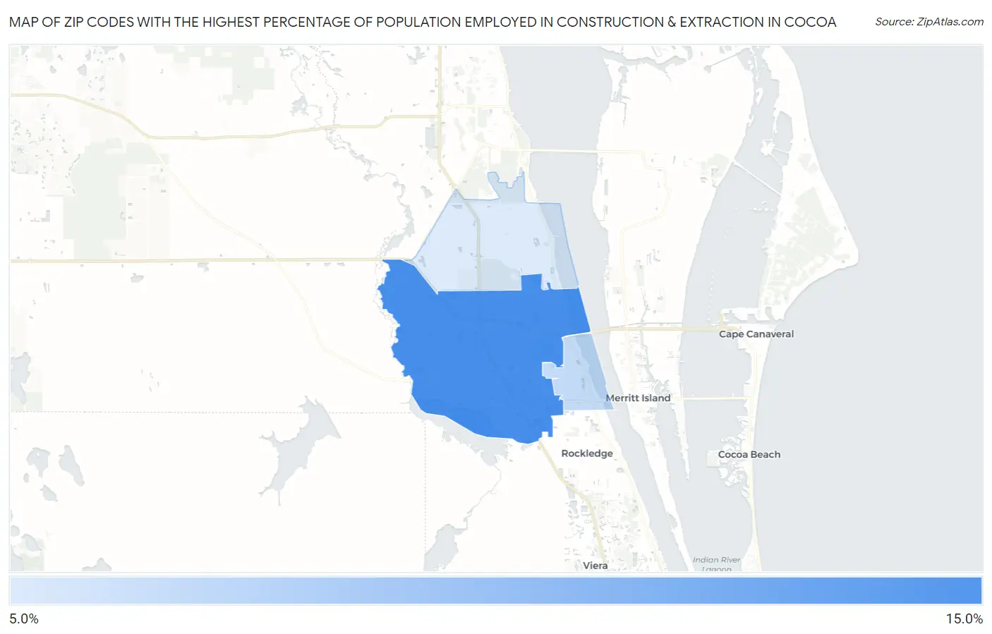 Zip Codes with the Highest Percentage of Population Employed in Construction & Extraction in Cocoa Map