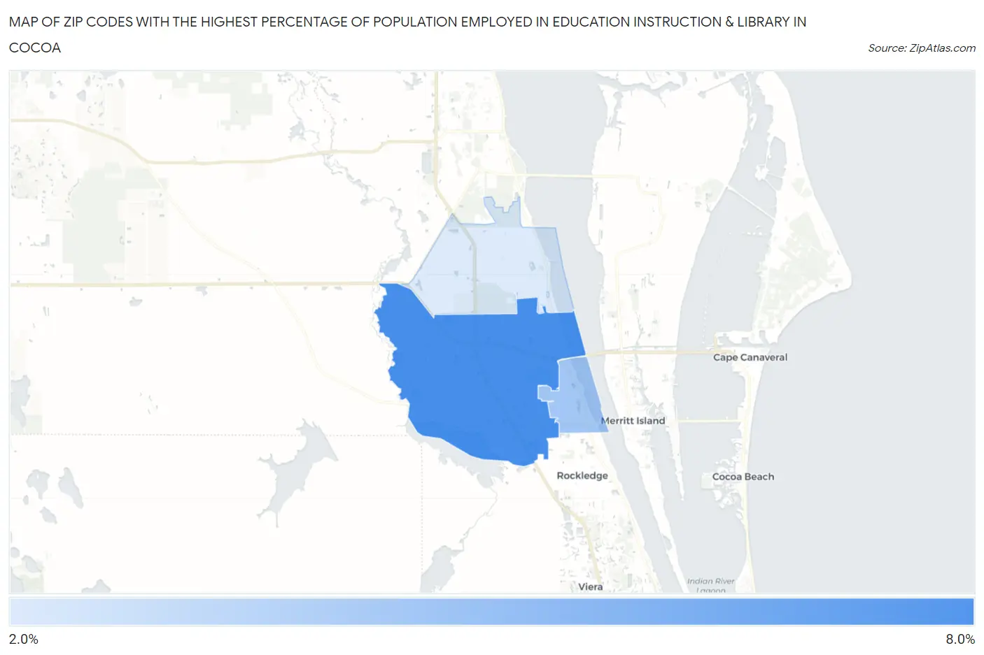Zip Codes with the Highest Percentage of Population Employed in Education Instruction & Library in Cocoa Map