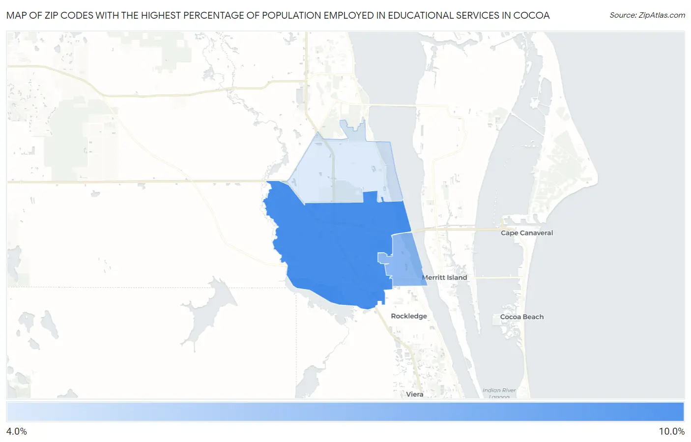 Zip Codes with the Highest Percentage of Population Employed in Educational Services in Cocoa Map