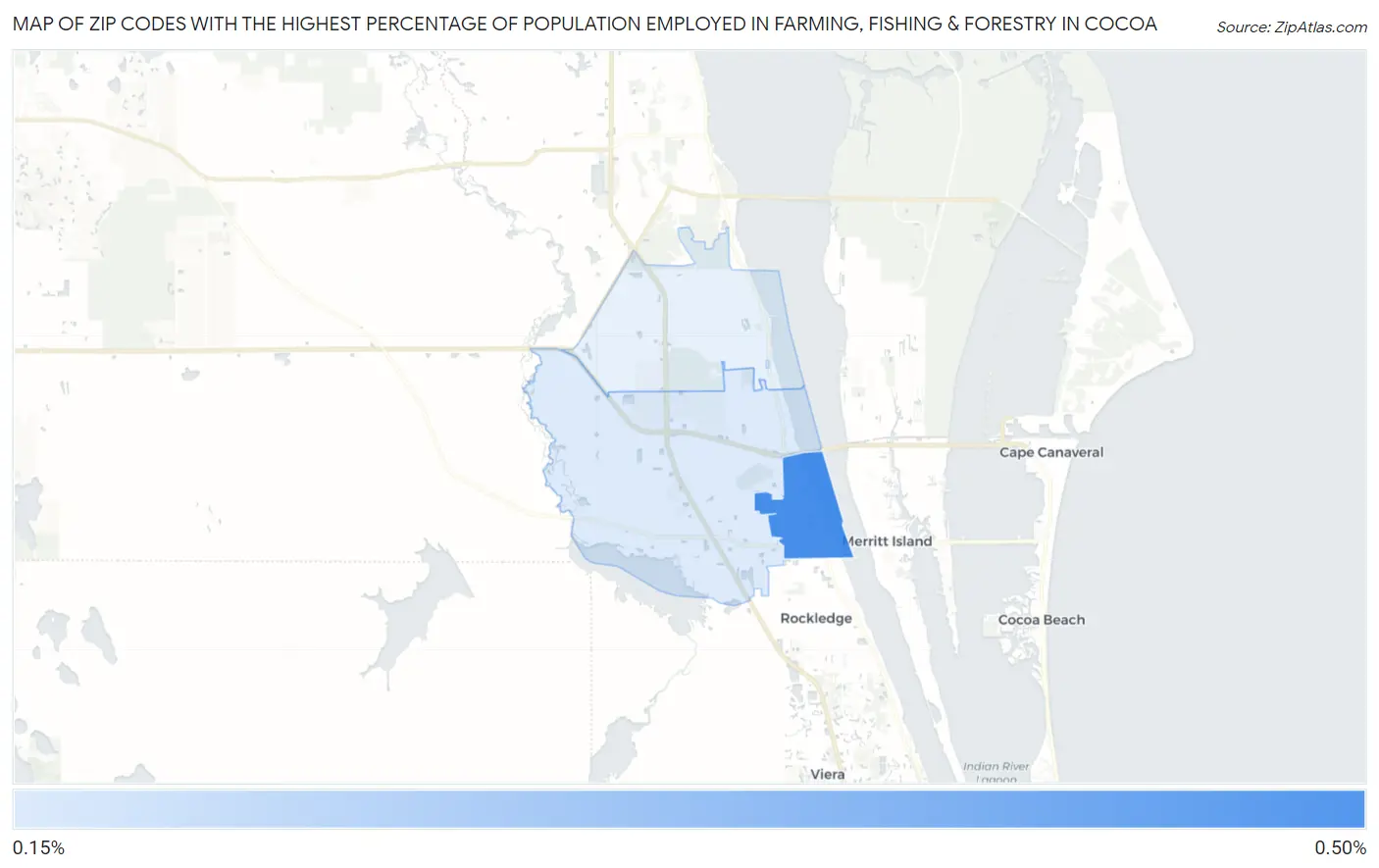 Zip Codes with the Highest Percentage of Population Employed in Farming, Fishing & Forestry in Cocoa Map
