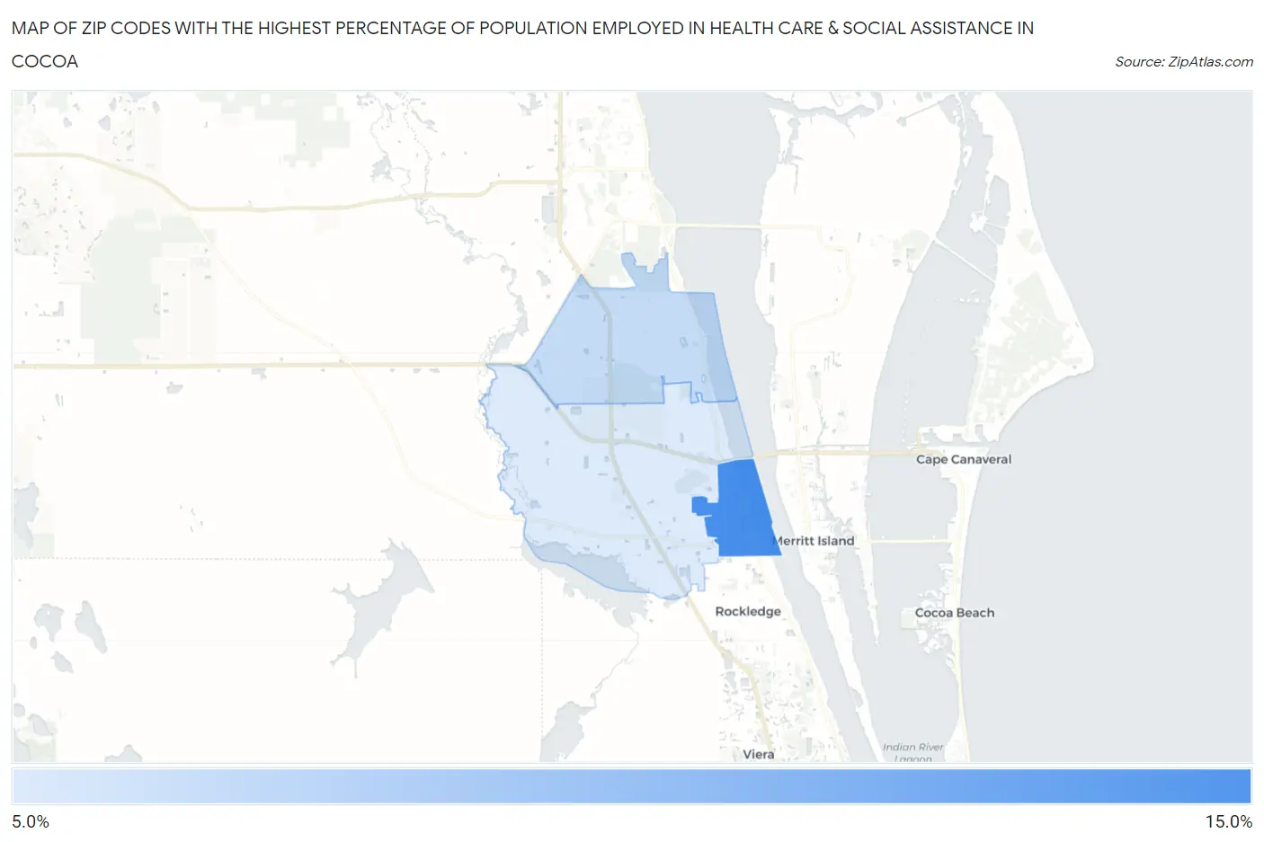 Zip Codes with the Highest Percentage of Population Employed in Health Care & Social Assistance in Cocoa Map