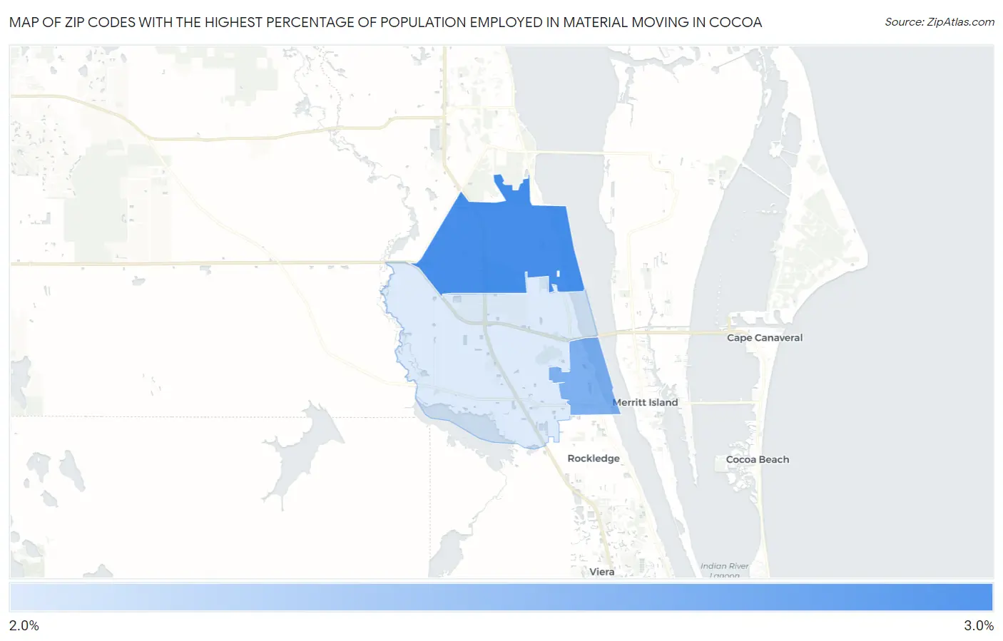 Zip Codes with the Highest Percentage of Population Employed in Material Moving in Cocoa Map