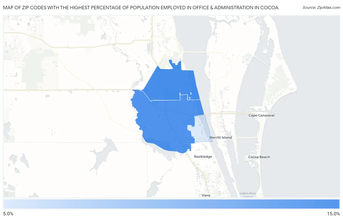 Zip Codes with the Highest Percentage of Population Employed in Office & Administration in Cocoa Map