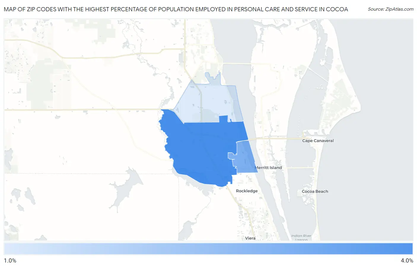 Zip Codes with the Highest Percentage of Population Employed in Personal Care and Service in Cocoa Map