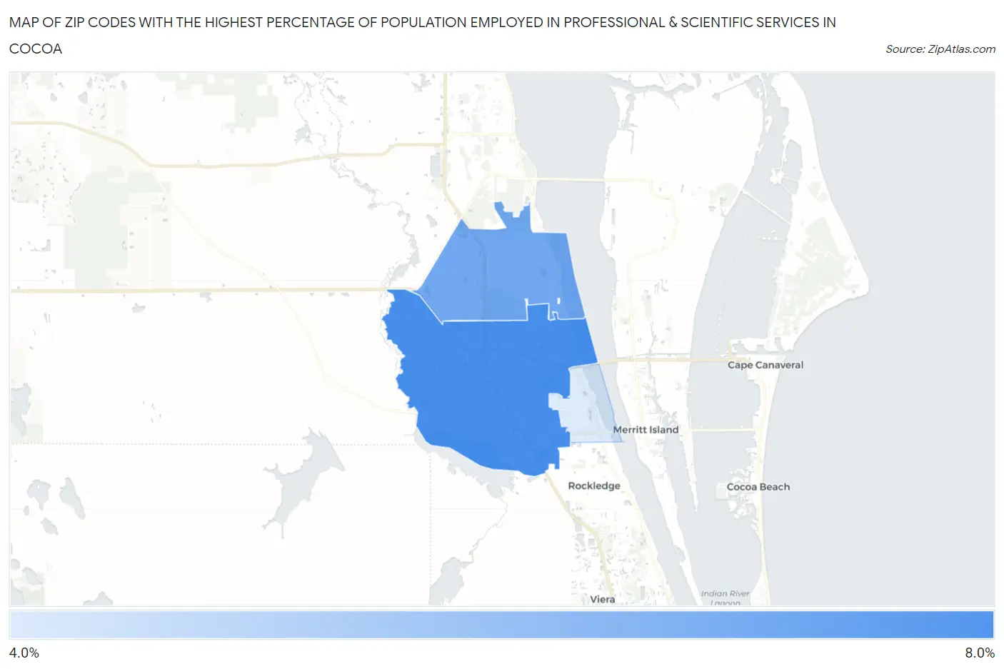 Zip Codes with the Highest Percentage of Population Employed in Professional & Scientific Services in Cocoa Map