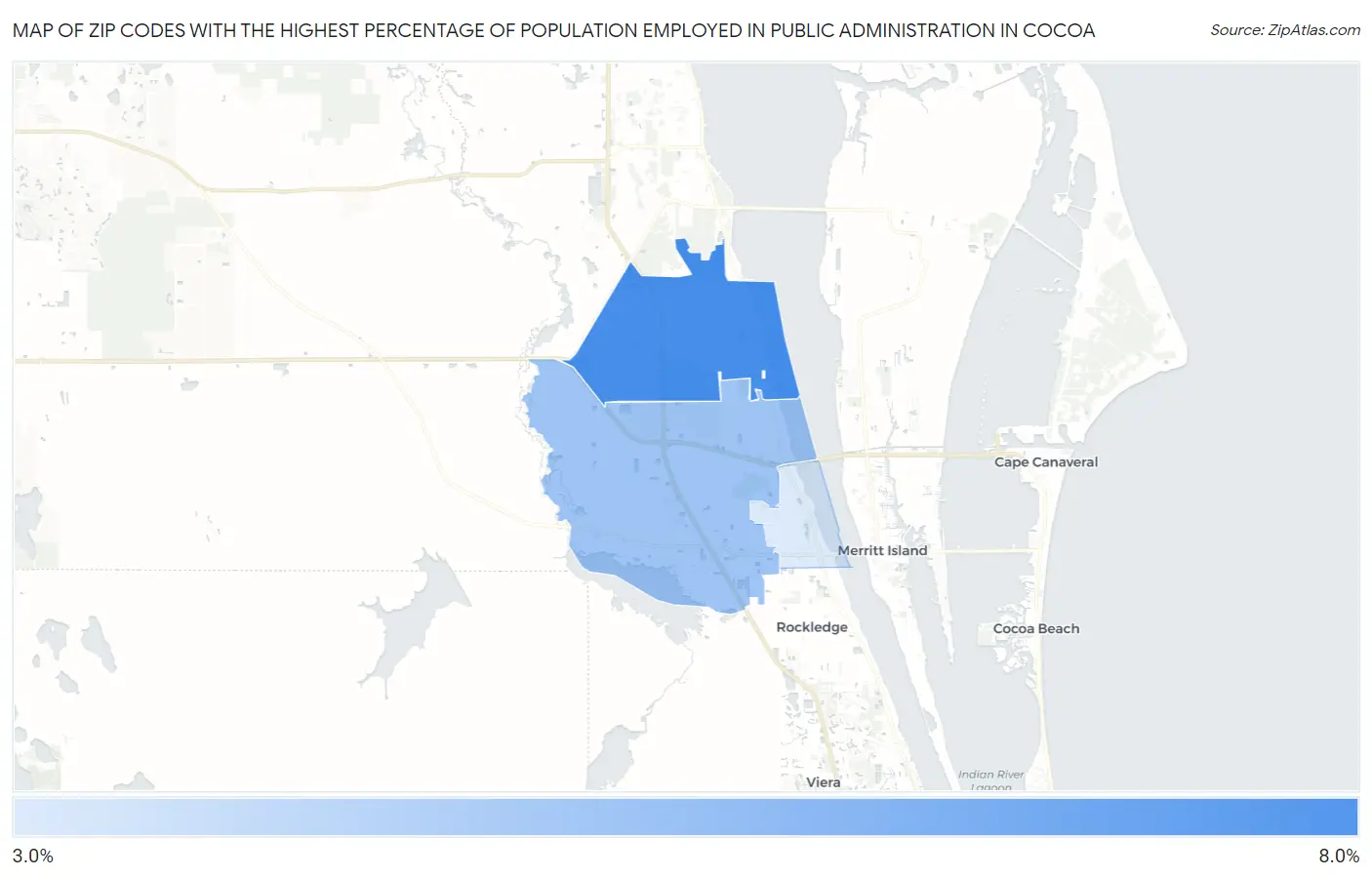 Zip Codes with the Highest Percentage of Population Employed in Public Administration in Cocoa Map