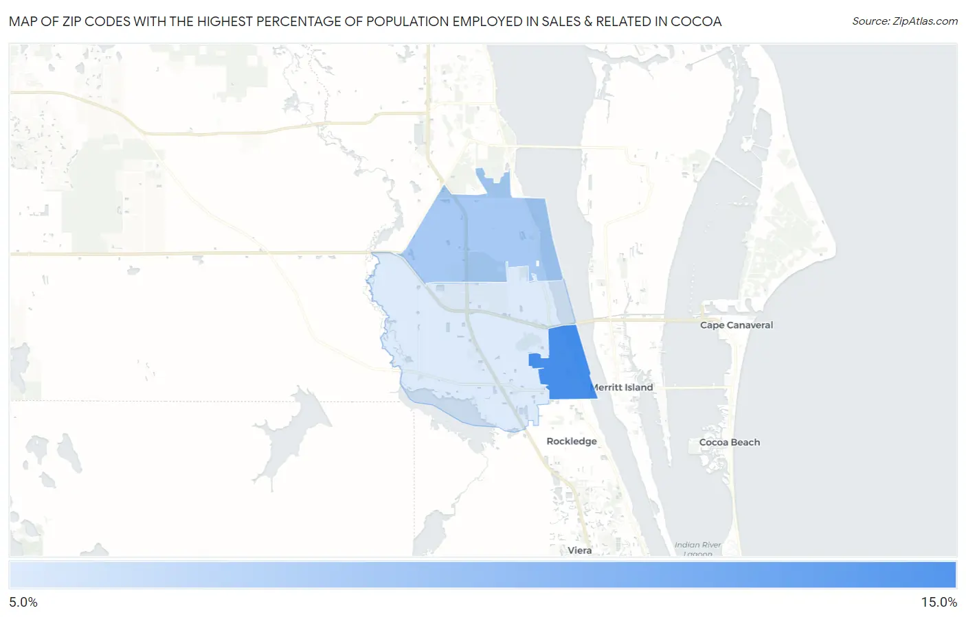 Zip Codes with the Highest Percentage of Population Employed in Sales & Related in Cocoa Map