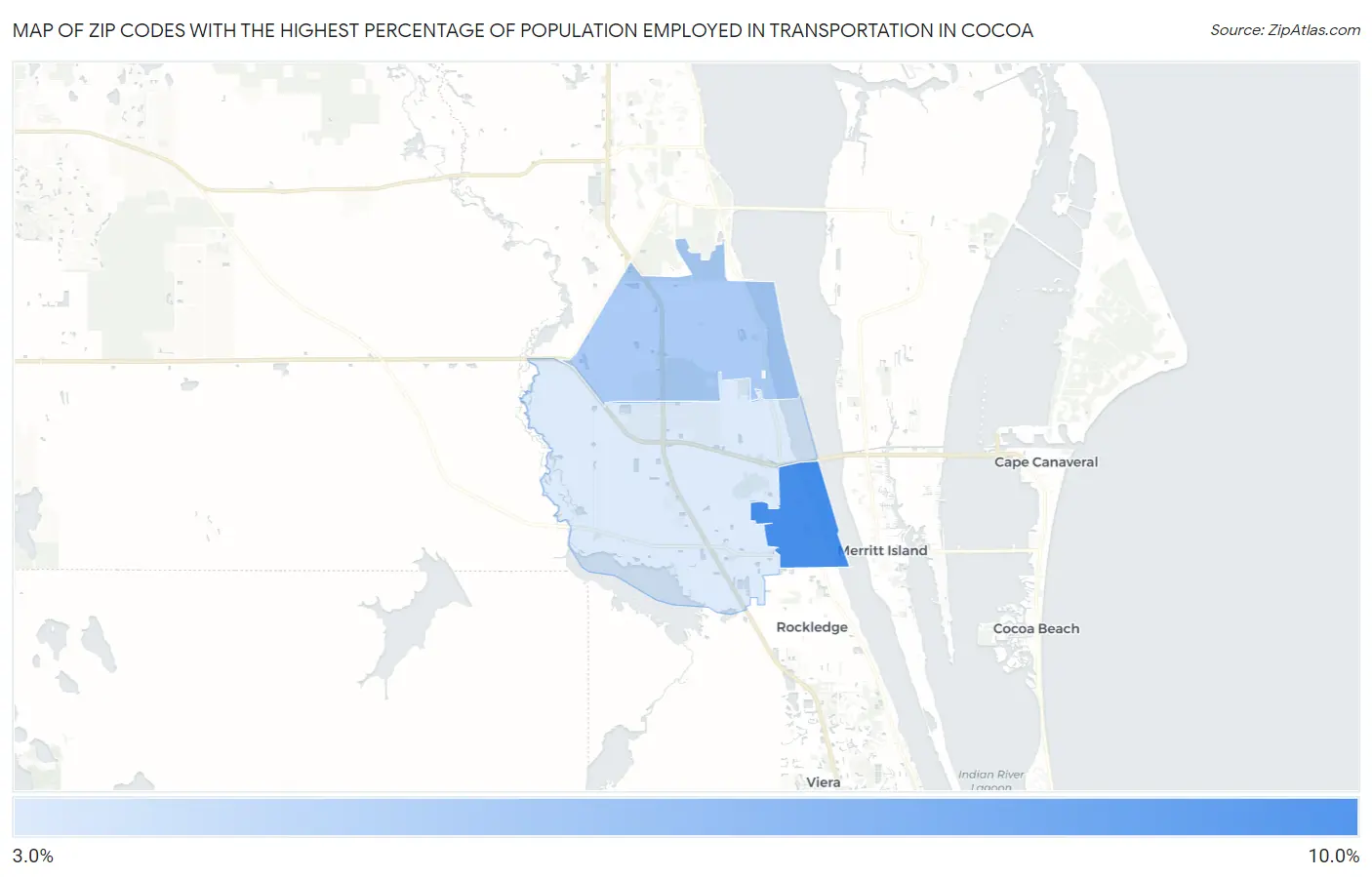 Zip Codes with the Highest Percentage of Population Employed in Transportation in Cocoa Map