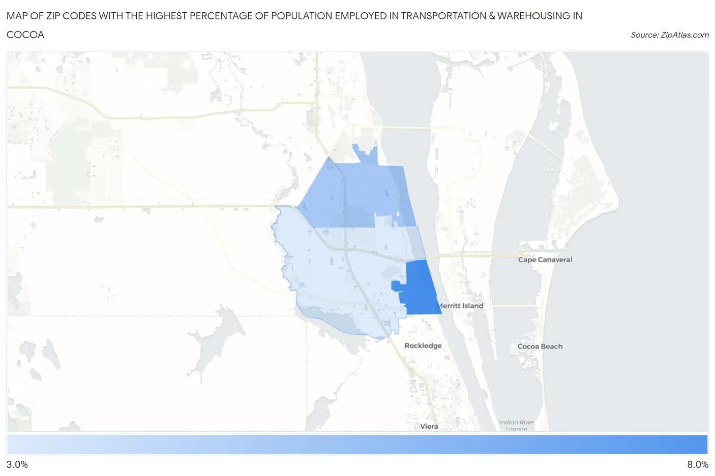 Zip Codes with the Highest Percentage of Population Employed in Transportation & Warehousing in Cocoa Map