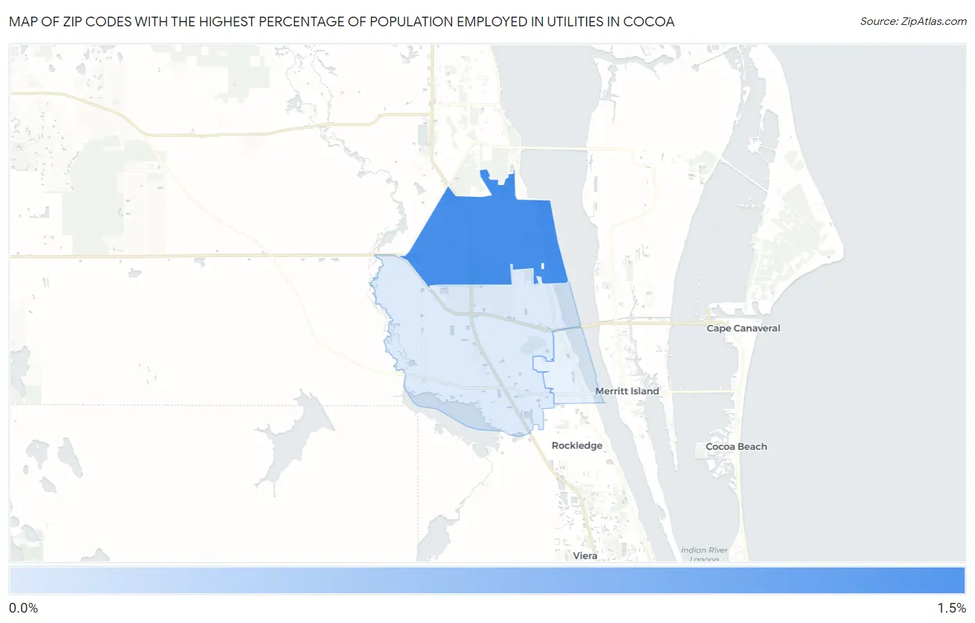 Zip Codes with the Highest Percentage of Population Employed in Utilities in Cocoa Map