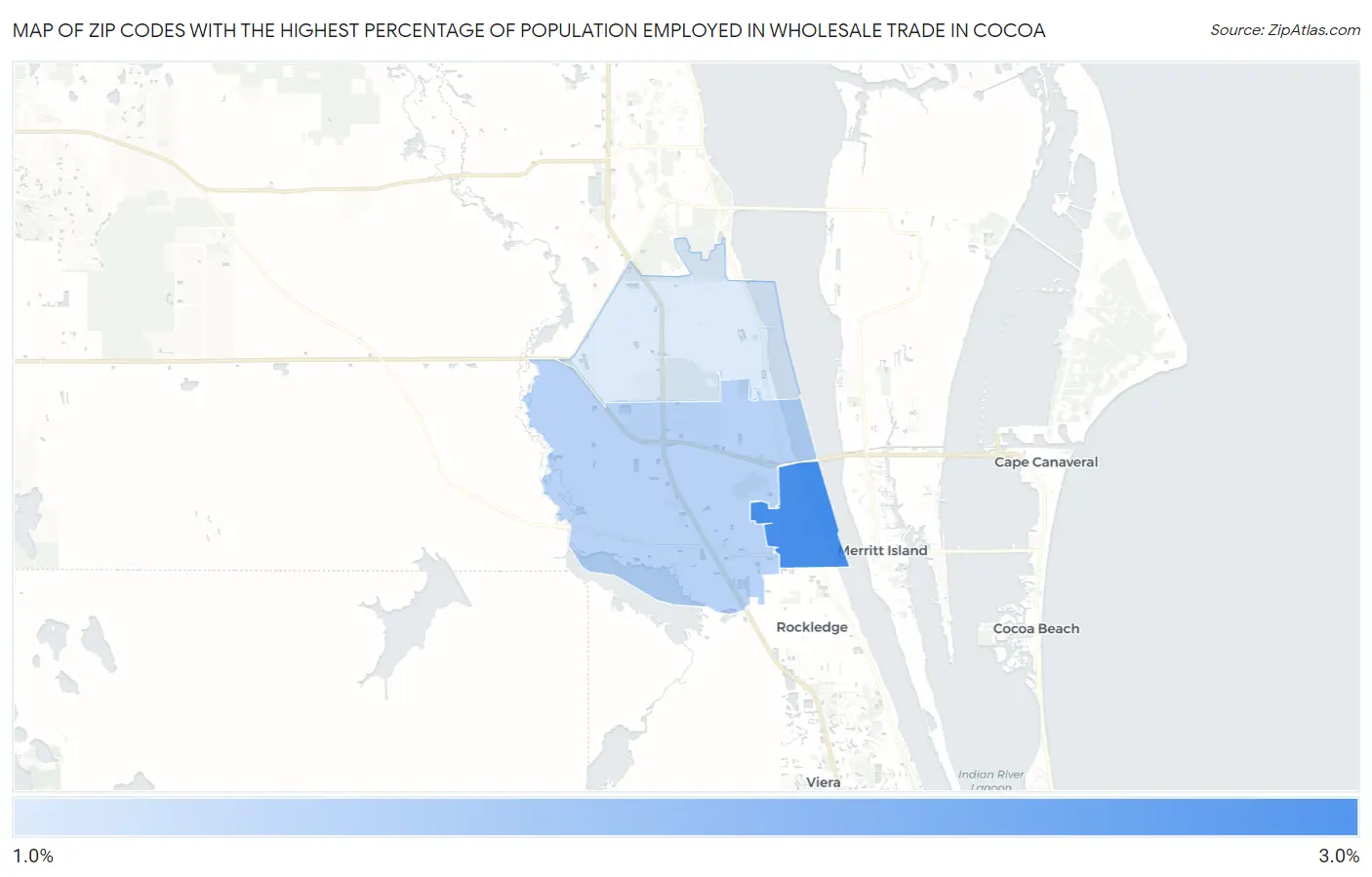Zip Codes with the Highest Percentage of Population Employed in Wholesale Trade in Cocoa Map