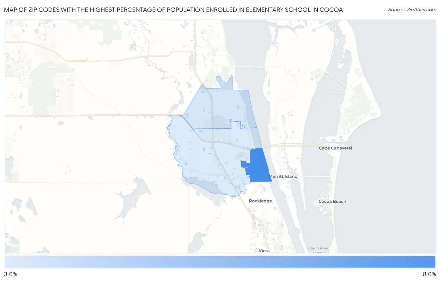 Zip Codes with the Highest Percentage of Population Enrolled in Elementary School in Cocoa Map