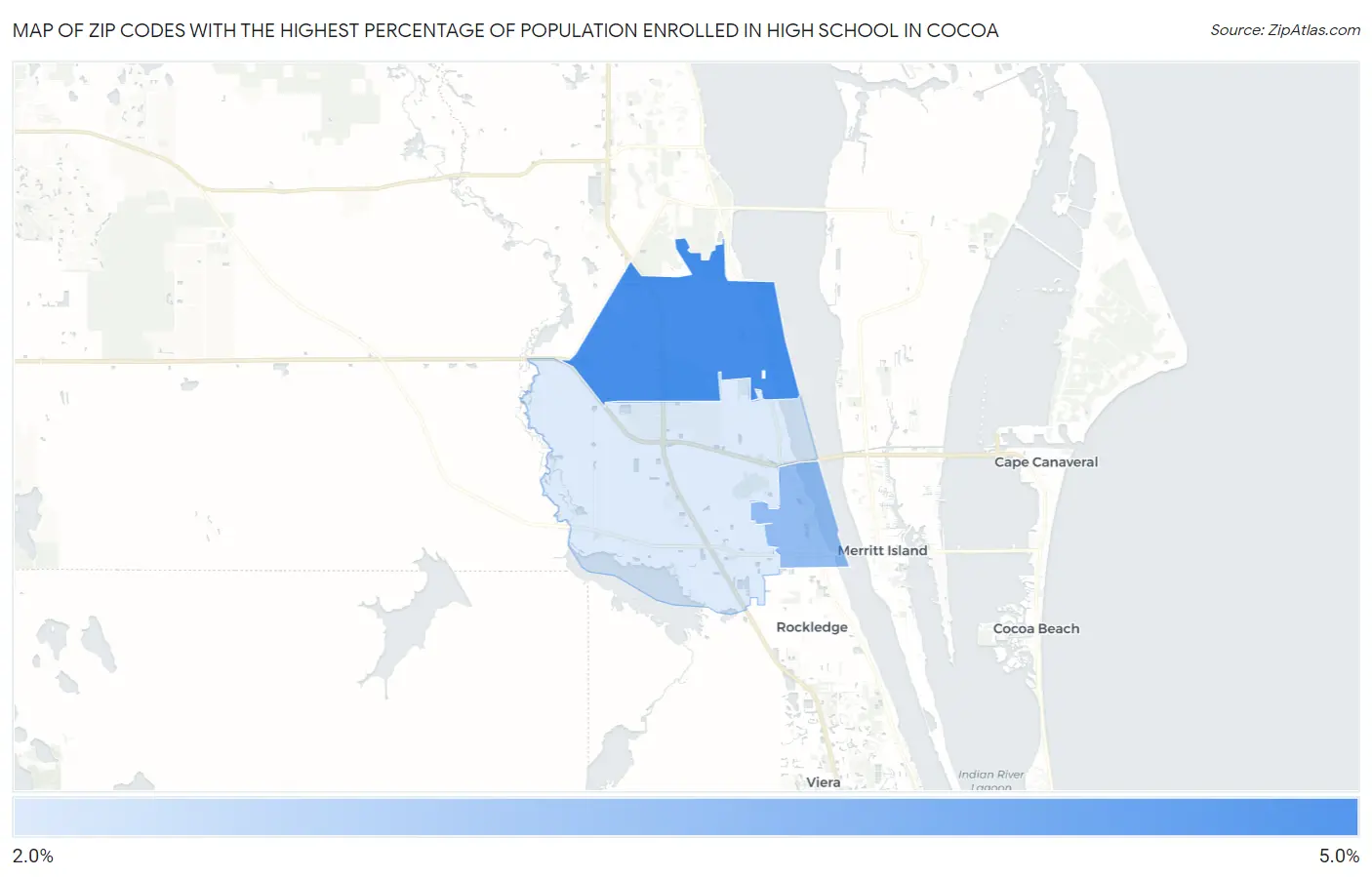 Zip Codes with the Highest Percentage of Population Enrolled in High School in Cocoa Map